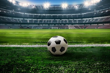 Obraz premium classic soccer ball on grass in a stadium with background lights in high resolution and quality 