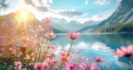 A beautiful mountain landscape with a lake and a field of pink flowers