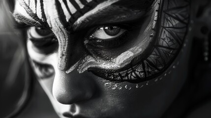 Intricate Tribal Face Paint on Woman's Intense Eyes in Black and White - Symbol of Cultural Mystery and Ancestry for Editorial Use