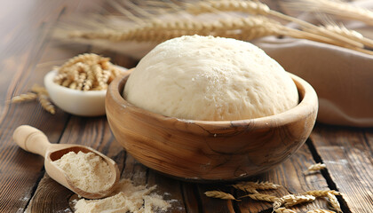 Fototapeta premium Bowl of fresh yeast dough on wooden table