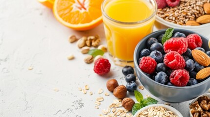 fresh berries, nuts, muesli and orange juice on white table