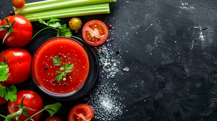 fresh healthy tomato juice with salt and celery on dark background,