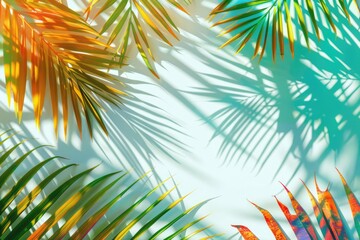 Colorful palm tree leaves background with copy space for text. Floral pattern wallpaper with shadows from shining sun