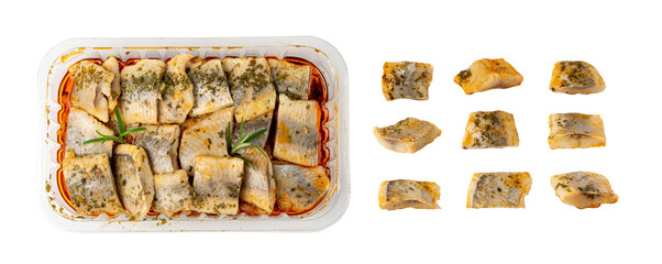 Salted Herring Fillet Isolated, Raw Pickled Fish Meat, Marinated Herring on White Background