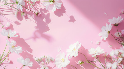 White Cosmos Flowers on Pink Pastel Background"
