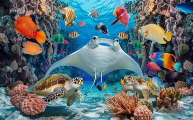 Illustration of a vibrant underwater scene featuring a variety of colorful fish, a manta ray, and sea turtles swimming among coral reefs.