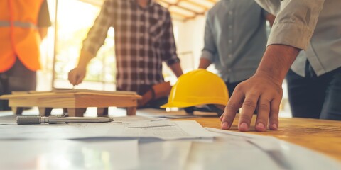 Professional construction team examines blueprints on a work table with safety gear around