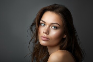 Obraz premium Portrait of an attractive woman on a gray background. Female beauty.