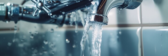 An image depicting a close-up of clean water flowing from a modern kitchen faucet