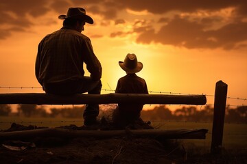 Father and son. Communication at sunset. Silhouette of two cowboys against the backdrop of sunset.