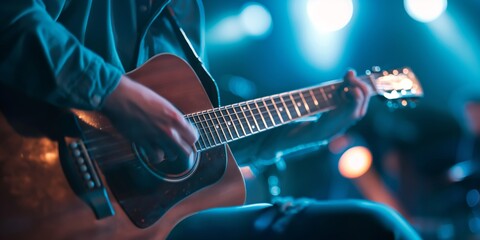 Obraz premium An image showing a guitarist's hands playing an acoustic guitar on a stage with vibrant blue lighting