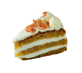 A slice of carrot cake with a white frosting. The cake is cut into three layers and has a carrot on top