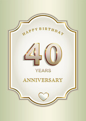 40th anniversary, greeting card, festive background with the date in decorative frame. Vector illustration