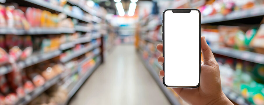 Blank smartphone screen with blurred store background