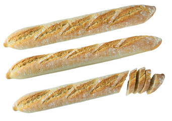 Three loaves of bread are sliced in half, with one of the loaves missing a piece. Copy space.
