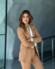 Fototapeta premium Stylish young businesswoman wears glasses and smiles. Successful woman. Business style. Fashion and beauty.
