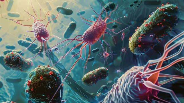 Escherichia coli 3d and other bacteria scientific illustration of microbiology under a microscope