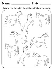 Horse Puzzle. Printable Activity Page for Kids. Educational Resources for School for Kids. Kids Activity Worksheet. Match Similar Shapes