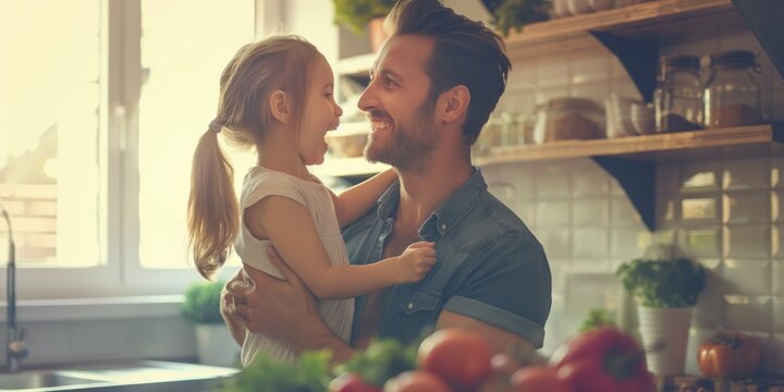 Father with hidden face affectionately hugging his young daughter in kitchen