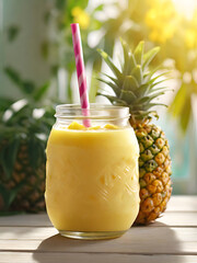 Pineapple smoothie in a clear jar with straw on a wooden table plank. There is yellow light and blur background