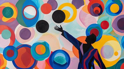 Abstract painting with a human figure juggling colorful orbs