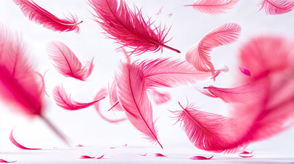 Group of pink feathers floating in the air on white background with pink feathers floating in the air.