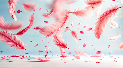 Group of pink feathers flying through the air with blue sky in the background.