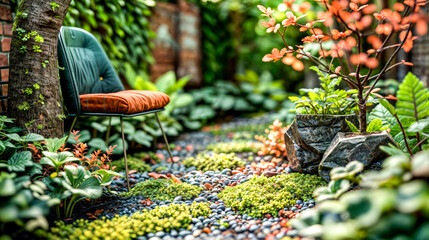 Chair sitting in garden filled with lots of green plants and flowers.