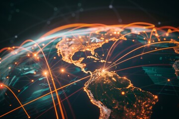 Global Air Freight Network with Connective Lines on Stylized World Map - Logistic and Transportation Concept