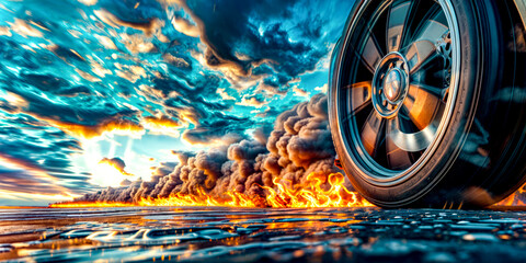 Car wheel on fire with blue sky and clouds in the background.
