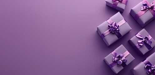 Group of Purple Wrapped Presents on Purple Background