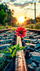 Red flower sitting on top of train track next to green plant.