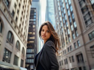 A young business lady uses a smartphone while in the business district of the city against the backdrop of high-rise buildings. Successful young woman, businesswoman.