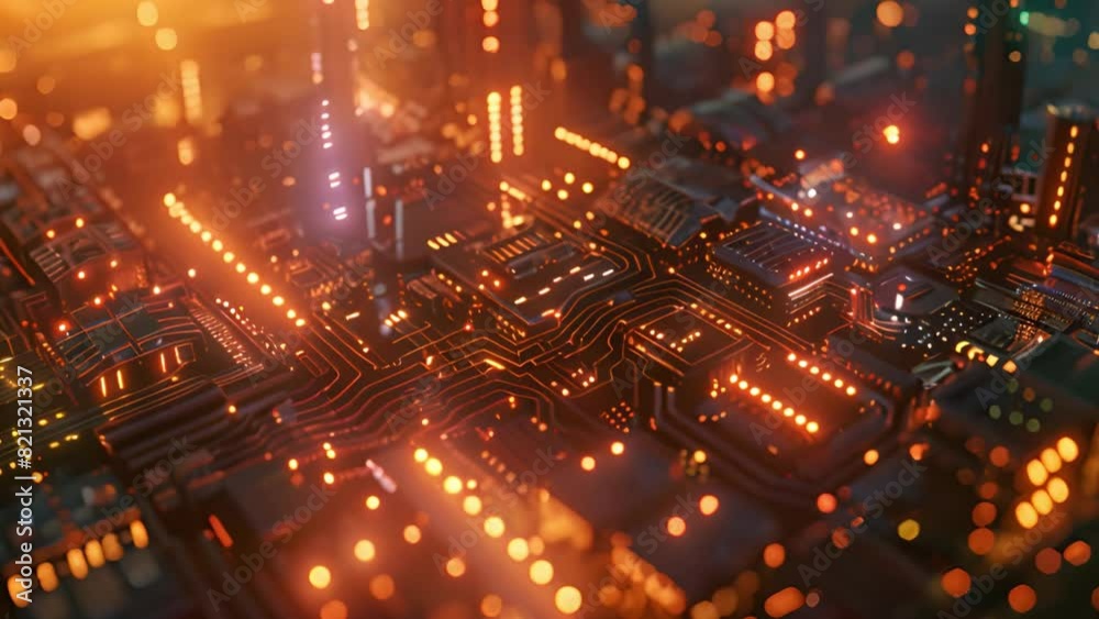 Poster a close-up view of a circuit board with glowing lights in a high-tech city environment during nightt