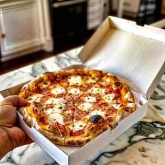 Hand holding pizza in box on counter top with stove in the background.