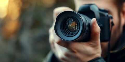 Fototapeta premium This image showcases a close-up view of a DSLR camera lens and a blurred background suggesting a photography session