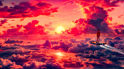 Plane flying in the sky with the sun in the background and clouds in the foreground.