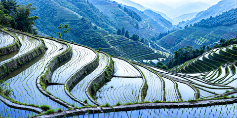 View of rice field from high point of view of the rice terraces.