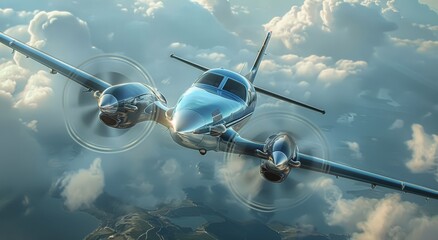 Fototapeta premium Blue and White Airplane Flying Through the Sky
