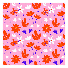 Abstract pink floral seamless vector pattern with red summer flowers, white plants, blue purple wildflowers illustrations in funky cartoon groovy style. Perfect for wrapping paper, textile, wallpaper
