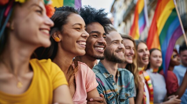 Group of diverse friends holding hands and smiling with pride flags in the background