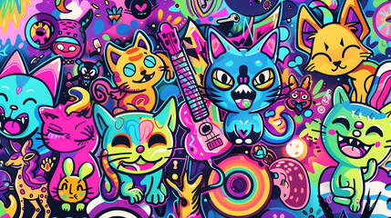 Fototapeta premium Vibrant graffiti wall featuring a multitude of whimsical cartoon cats in various playful poses and expressions, with lively colors and details