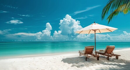 Two Lounge Chairs Under an Umbrella on a Beach