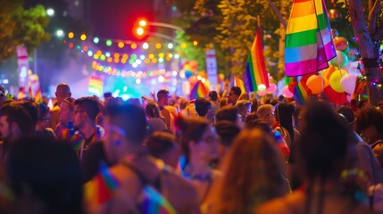 Nighttime pride festival with colorful lights and joyful crowd