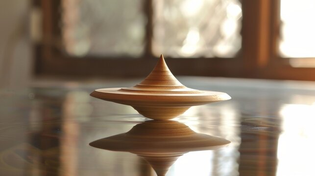 A spinning top with a weighted end starts to wobble visually depicting the changes in angular momentum as external forces are applied.