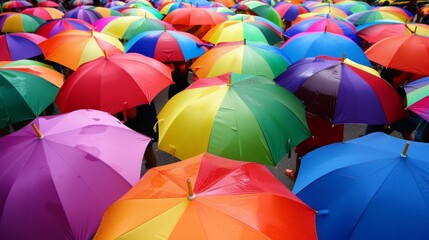 Rainbow umbrellas covering the streets during a pride celebration