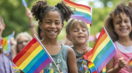 LGBTQ+ family with children holding pride flags at a community event