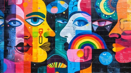 Artistic representation of LGBTQ+ symbols and icons in a colorful mural