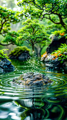Tree sprouts out of the water in pond of water.