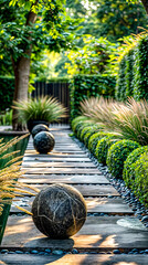 Wooden walkway in garden with plants and rocks on either side of it.